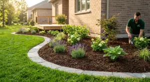 Landscape contractor planting in a mulched garden bed